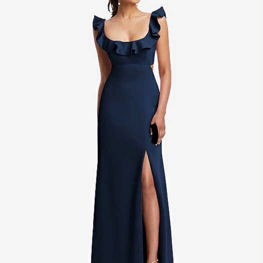 Ruffle-Trimmed  Neckline Cutout Tie-Back Trumpet Gown in Midnight Navy